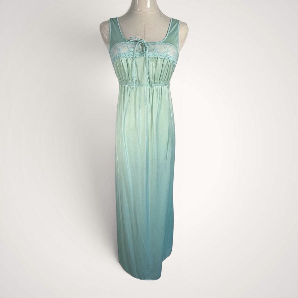 Vintage JC Penney Nightgown Womens Small Blue Nylon Lace Maxi